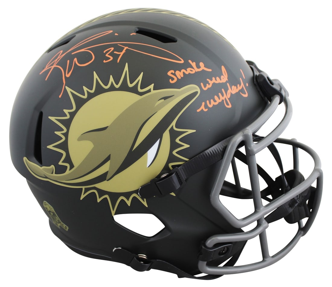 Ricky Williams Autographed Miami Dolphins Salute to Service Speed Helmet JSA Authenticated: Ricky Williams Autographed Miami Dolphins Salute to Service Speed Helmet JSA Authenticated This Miami Dolphins full-size Riddell Speed Replica helmet is part of the Alternate 2025 Salute To Service IV
