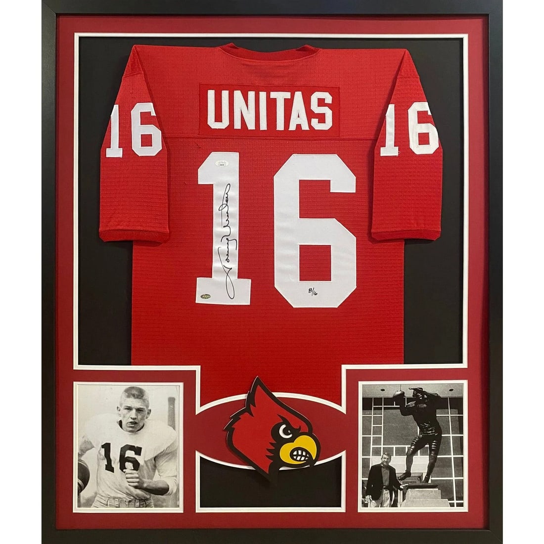 Framed Johnny Unitas autographed red Louisville Colts jersey JSA authenticated: Framed Johnny Unitas autographed red Louisville Colts jersey JSA authenticated This is a framed red jersey autographed by Johnny Unitas, featuring the Louisville Colts. The jersey is authenticated by 