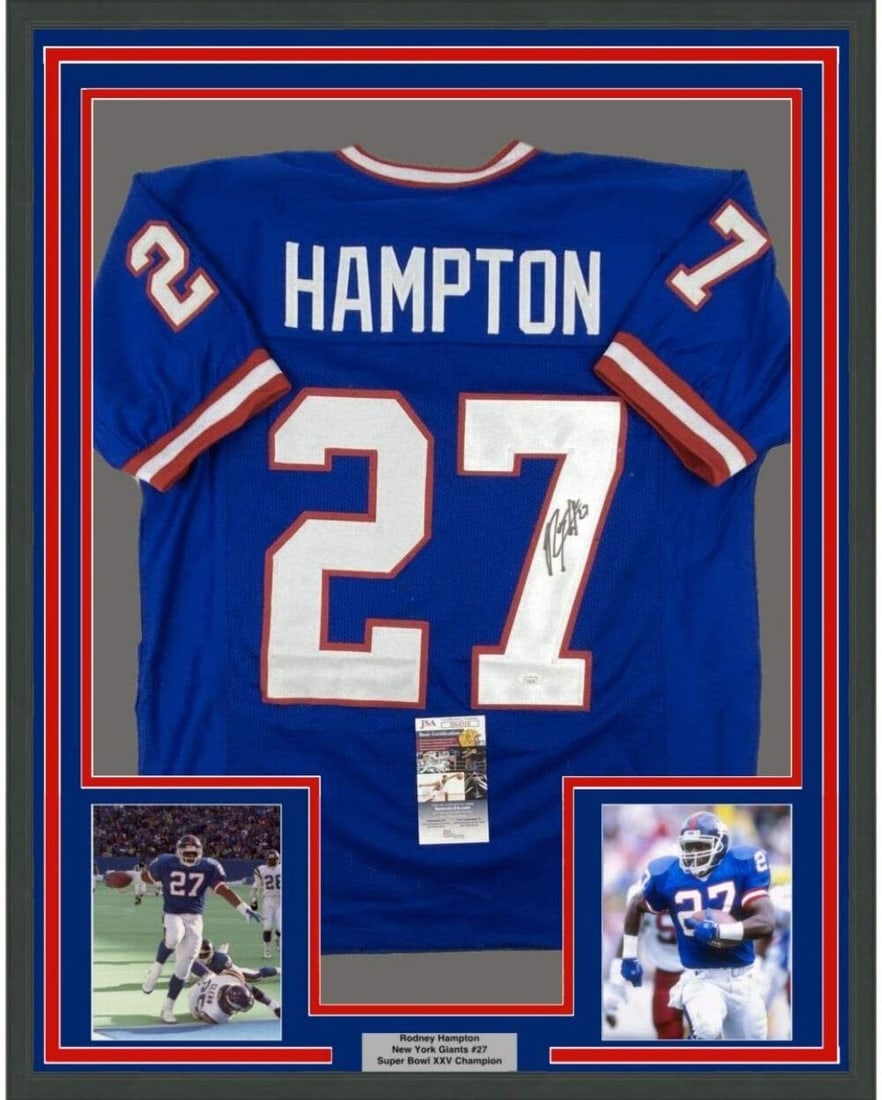 Framed Autographed Rodney Hampton New York Giants Jersey JSA COA: Framed Autographed Rodney Hampton New York Giants Jersey JSA COA This professionally framed and matted jersey features the autograph of NFL athlete Rodney Hampton, showcasing his connection to the New