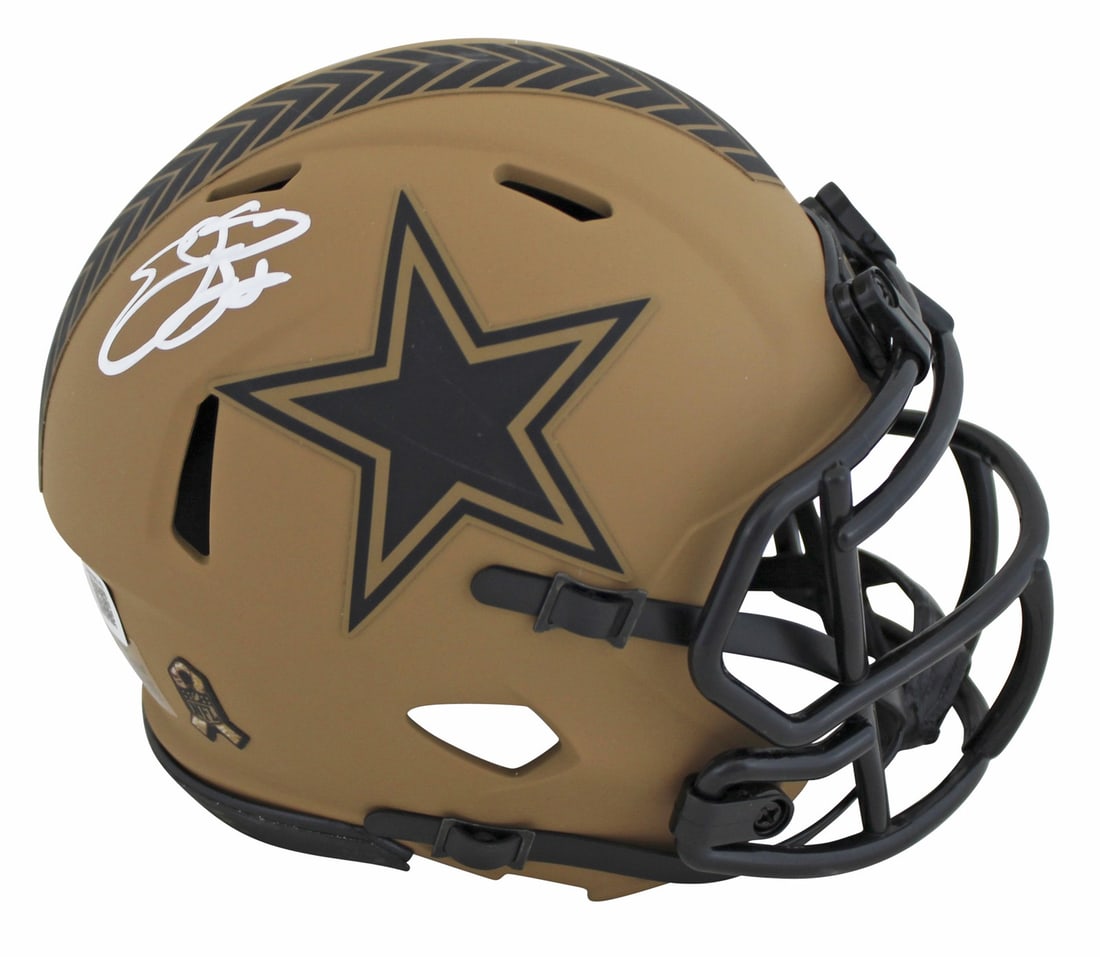 Emmitt Smith Autographed Dallas Cowboys Salute To Service Mini Helmet BAS Witnessed: Emmitt Smith Autographed Dallas Cowboys Salute To Service Mini Helmet BAS Witnessed This collectible features a mini helmet personally signed by legendary player Emmitt Smith of the Dallas Cowboys. Th