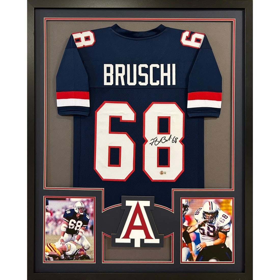 Tedy Bruschi Autographed Framed Jersey Arizona Wildcats Beckett Certified: Tedy Bruschi Autographed Framed Jersey Arizona Wildcats Beckett Certified This autographed jersey of Tedy Bruschi is framed with exceptional detail, showcasing the Arizona Wildcats logo. Authenticated