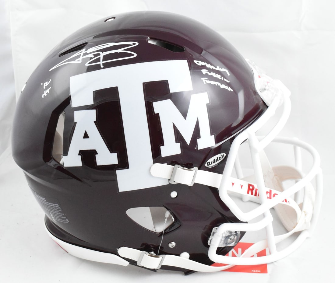 Texas A&M Aggies Helmet Signed by Johnny Manziel Beckett W: Texas A&M Aggies Helmet Signed by Johnny Manziel Beckett W This is an original Texas A&M Aggies full-size Speed Authentic football helmet signed by Johnny Manziel. The helmet features the HT JFF inscr