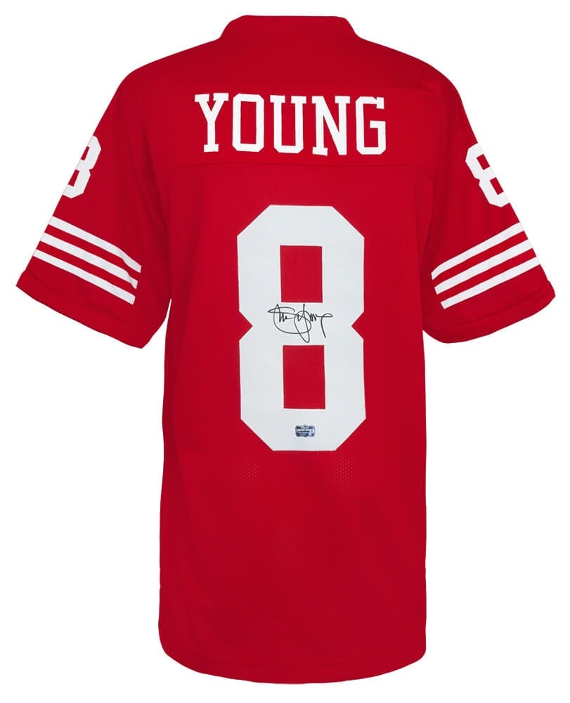 Steve Young Signed San Francisco 49ers Red Throwback Jersey with COA: Steve Young Signed San Francisco 49ers Red Throwback Jersey with COA This is a classic red throwback custom football jersey, signed by NFL legend Steve Young. The jersey represents the San Francisco 4