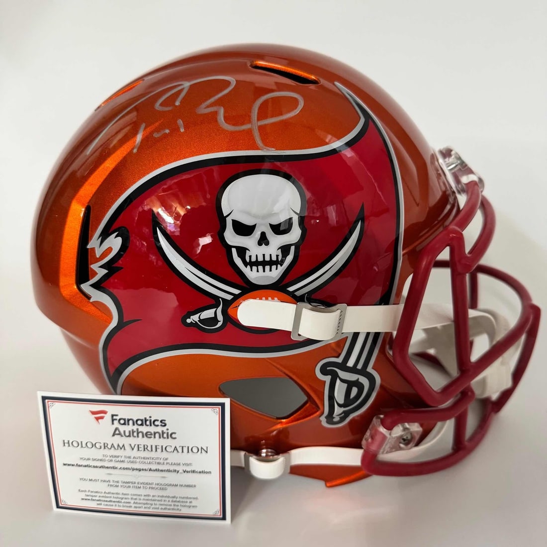 Tom Brady Signed Buccaneers Full Size Replica Helmet Fanatics Certified: Tom Brady Signed Buccaneers Full Size Replica Helmet Fanatics Certified This authentic, autographed full-size replica helmet of Tom Brady represents the legendary quarterback's time with the Tampa Bay