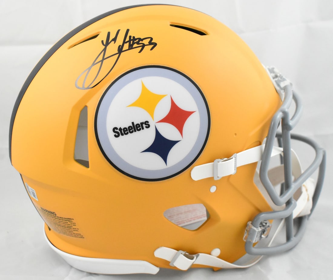 Beckett Holo Jack Sawyer Autographed Steelers F S Alt 2025 Authentic Helmet: Beckett Holo Jack Sawyer Autographed Steelers F S Alt 2025 Authentic Helmet Pre-owned full-size alternate 2025 Speed authentic helmet signed by Jack Sawyer. The helmet includes a Beckett witness holog