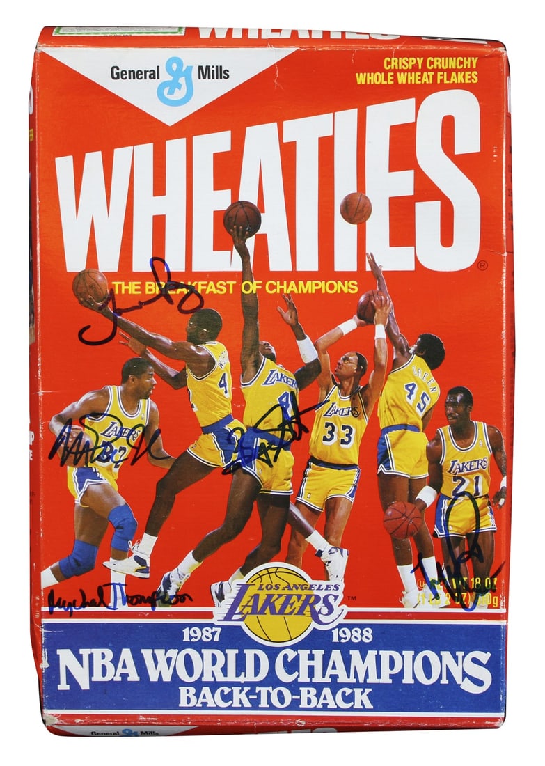 1987-88 Wheaties Box signed by 5 Lakers stars BAS witnessed: 1987-88 Wheaties Box signed by 5 Lakers stars BAS witnessed This autographed 1987 & 1988 NBA World Champions Wheaties box has been personally signed by Magic Johnson, James Worthy, Mychal Thompson, By