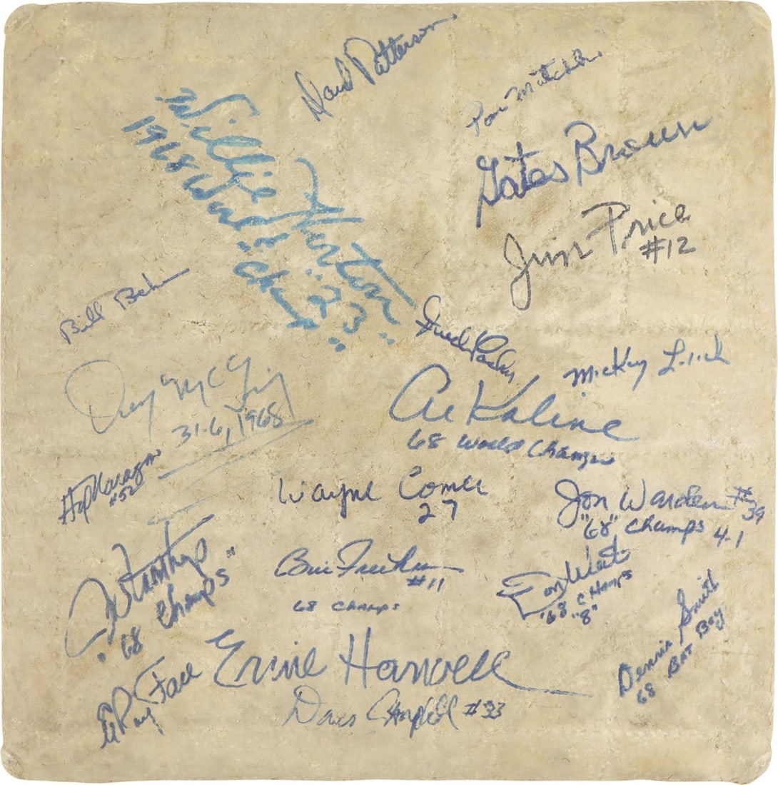 PSA DNA certified game used base signed by 1968 Detroit Tigers champions: PSA DNA certified game used base signed by 1968 Detroit Tigers champions A 1968 Detroit Tigers team-signed game used base with 17+ signatures, offered with PSA letter of authenticity for the signature