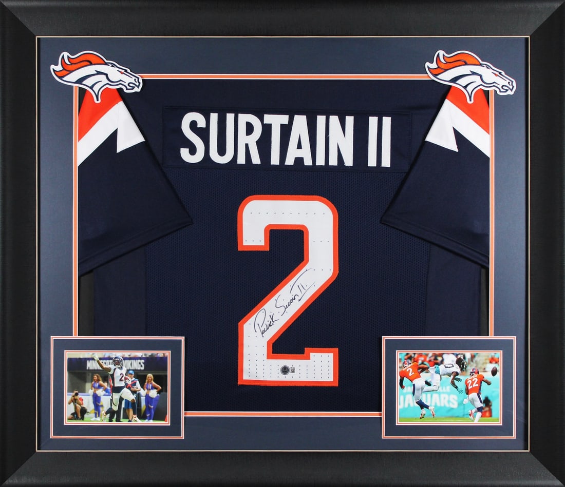 Framed Navy Blue Jersey Patrick Surtain II Signed Beckett Witnessed: Framed Navy Blue Jersey Patrick Surtain II Signed Beckett Witnessed This is an original autographed navy blue pro style framed jersey personally signed by Patrick Surtain II of the Denver Broncos. It 