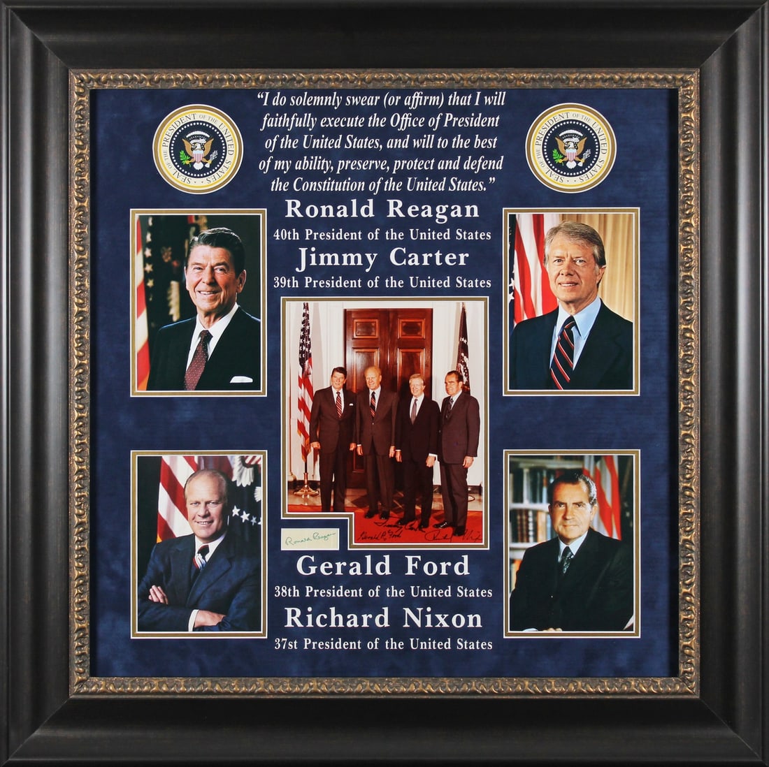 Framed Display with Signatures of Reagan Carter Ford Nixon Beckett Authenticated: Framed Display with Signatures of Reagan Carter Ford Nixon Beckett Authenticated This impressive autographed framed display features the signatures of four former U.S. Presidents: Ronald Reagan, Jimmy