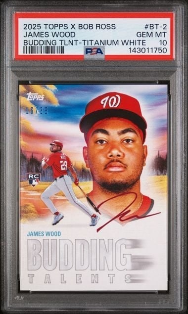 PSA 10 2025 Topps x Bob Ross James Wood Titanium White RC: PSA 10 2025 Topps x Bob Ross James Wood Titanium White RC This is a 2025 Topps x Bob Ross James Wood Titanium White Rookie Card, numbered BT2 and limited to 35 copies. The card features James Wood of 
