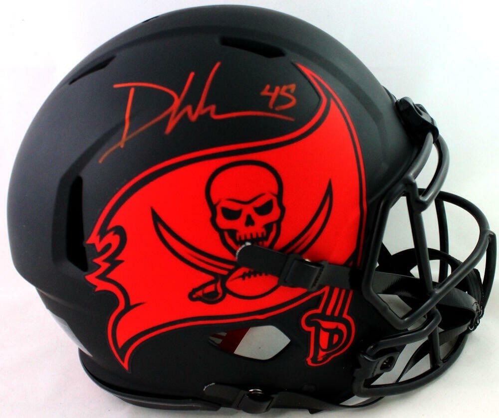 Signed Buccaneers Eclipse Authentic Helmet by Devin White Beckett: Signed Buccaneers Eclipse Authentic Helmet by Devin White Beckett This authentic full-size Eclipse helmet features the signature of Devin White, linebacker for the Tampa Bay Buccaneers. The helmet has