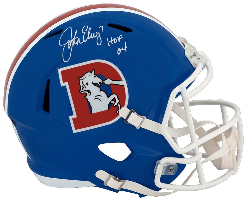 John Elway Broncos Throwback Riddell Speed Replica Helmet HOF 04 Signed: John Elway Broncos Throwback Riddell Speed Replica Helmet HOF 04 Signed This Denver Broncos throwback full size speed replica helmet by Riddell is autographed by John Elway and features the 'HOF 04' i