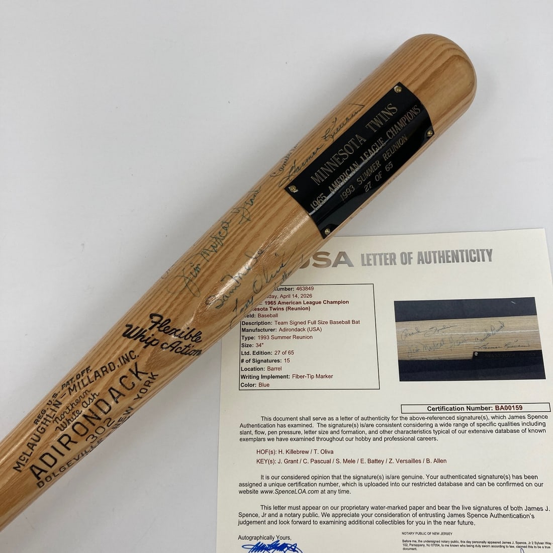 Minnesota Twins 1965 AL Champs Reunion Signed Adirondack Bat JSA LOA (1 of 13)