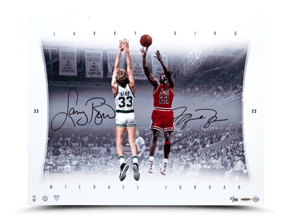Michael Jordan Larry Bird Autographed 16X20 Aluminum Print Match Up Limited Edition 50: Michael Jordan Larry Bird Autographed 16X20 Aluminum Print Match Up Limited Edition 50 This limited edition aluminum print features the iconic matchup between basketball legends Michael Jordan and Lar