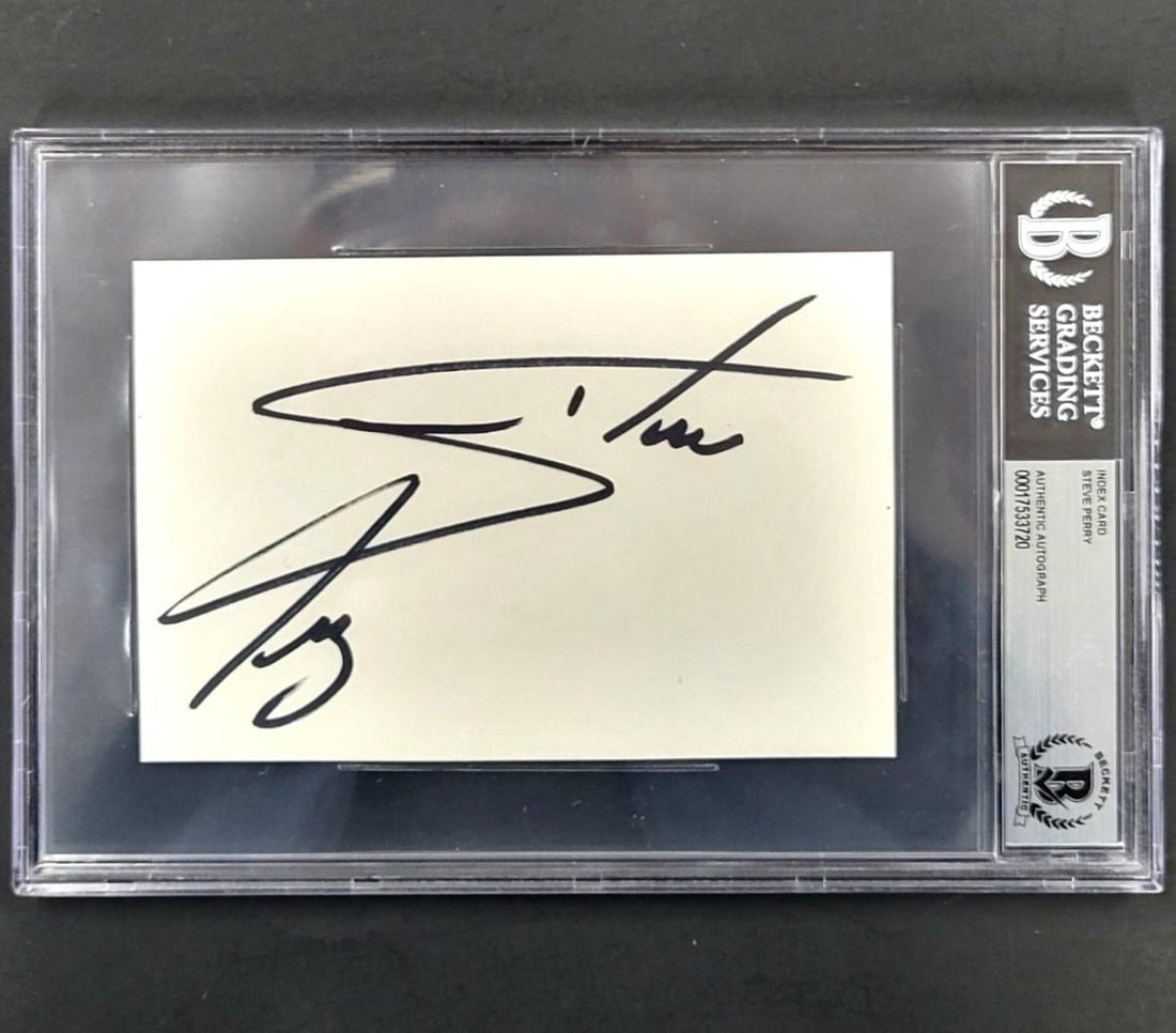 4x6 Steve Perry Autographed Cut Index Card Beckett Authenticated Journey: 4x6 Steve Perry Autographed Cut Index Card Beckett Authenticated Journey This is an original 4x6 cut index card photo signed by Steve Perry, the lead singer of Journey. The autograph is authenticated 