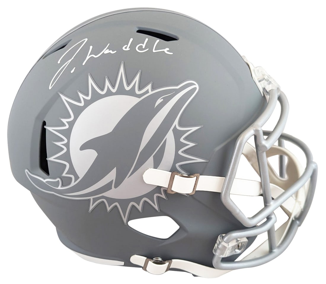 Jaylen Waddle Signed Miami Dolphins Slate Speed Replica Helmet FAN Authenticated: Jaylen Waddle Signed Miami Dolphins Slate Speed Replica Helmet FAN Authenticated This full-size Speed replica helmet is an impressive collectible for fans of the Miami Dolphins, personally autographed