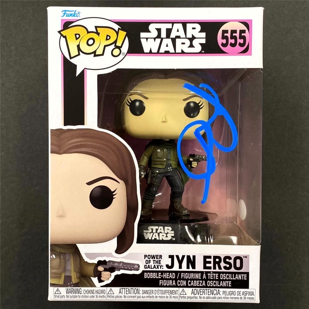 Jyn Erso Funko Pop 555 signed by Felicity Jones JSA: Jyn Erso Funko Pop 555 signed by Felicity Jones JSA This Funko Pop! figure of Jyn Erso from Star Wars has been hand-signed by Felicity Jones. The autograph is authenticated by James Spence Authenticat