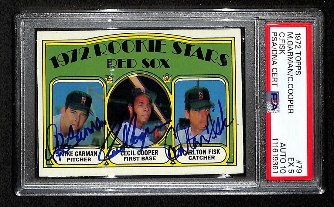 Mike Garman Cecil Cooper Carlton Fisk Signed 1972 Topps RC #79 PSA/DNA Auto 10: Mike Garman Cecil Cooper Carlton Fisk Signed 1972 Topps RC #79 PSA/DNA Auto 10 Add a unique piece to your baseball memorabilia collection with this signed 1972 TOPPS Red Sox Rookies Card #79 featuring