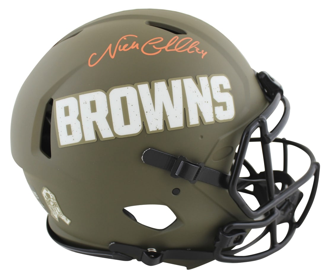 Cleveland Browns Nick Chubb Signed Salute To Service Helmet Beckett Authenticated: Cleveland Browns Nick Chubb Signed Salute To Service Helmet Beckett Authenticated This Cleveland Browns alternate Salute to Service full-size Speed Proline helmet has been personally signed by star pl