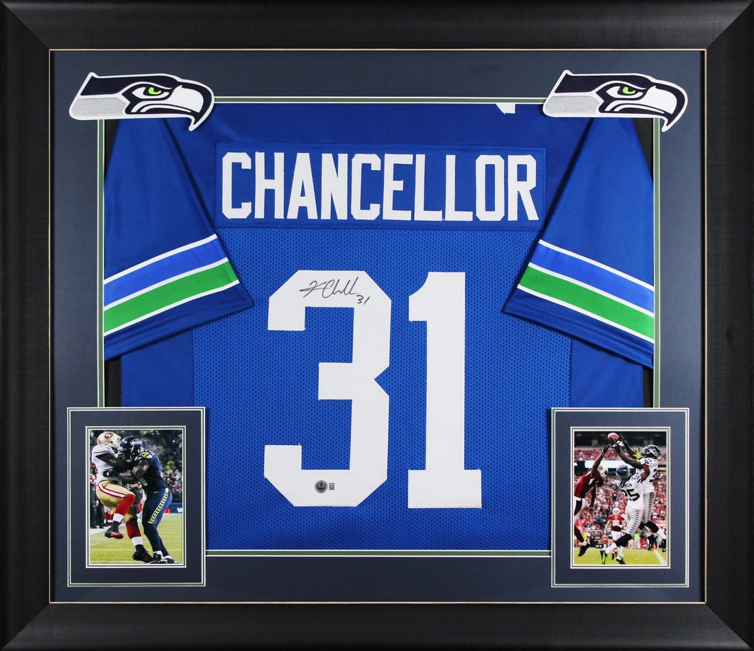 Framed Blue Throwback Jersey Signed by Kam Chancellor Beckett Witnessed (1 of 2)