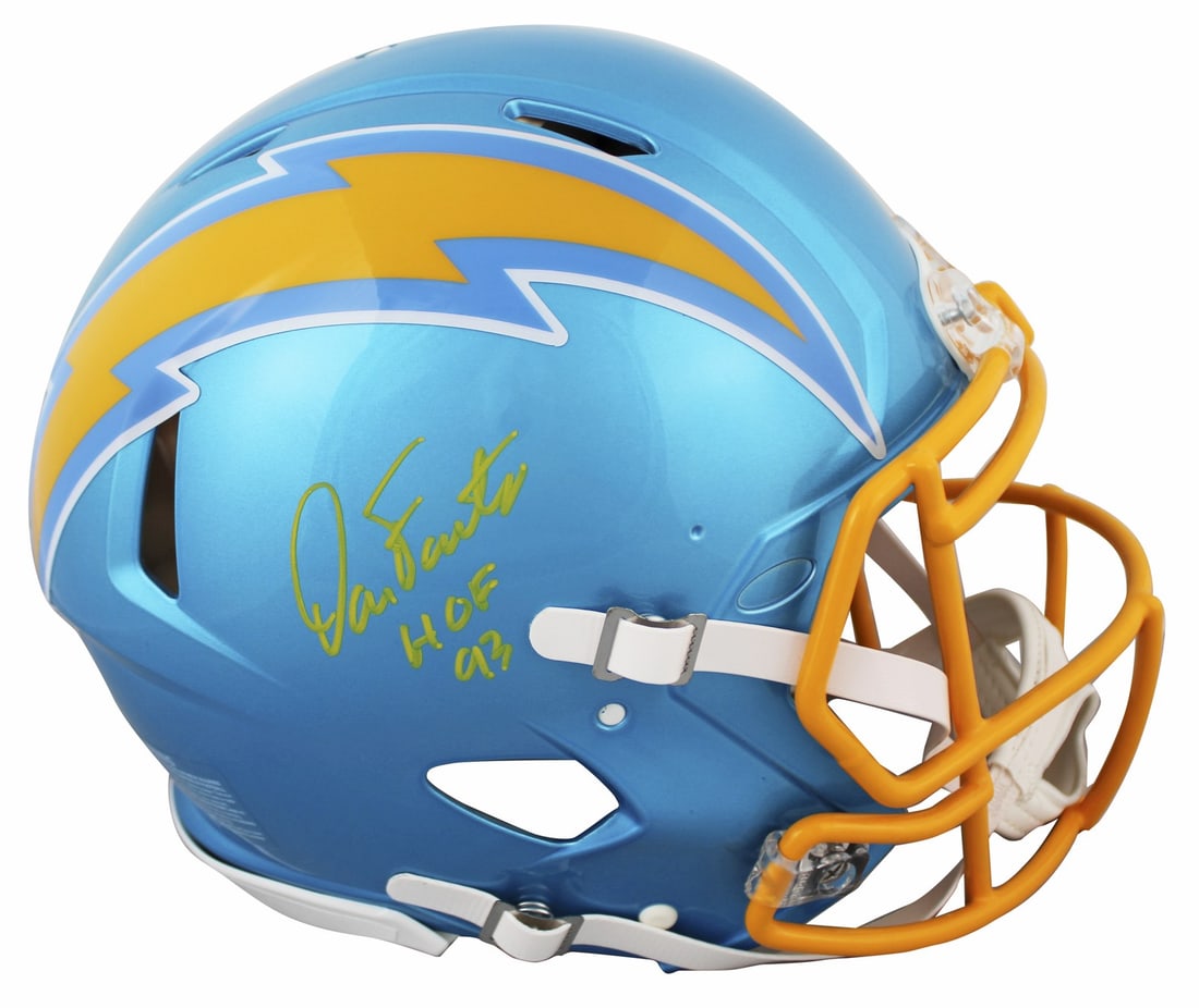 Dan Fouts Signed Chargers Flash Speed Proline Helmet HOF 93 Beckett Witnessed: Dan Fouts Signed Chargers Flash Speed Proline Helmet HOF 93 Beckett Witnessed This is an autographed Riddell Authentic Full Size Speed Proline Alternate Flash helmet, personally signed by Dan Fouts of