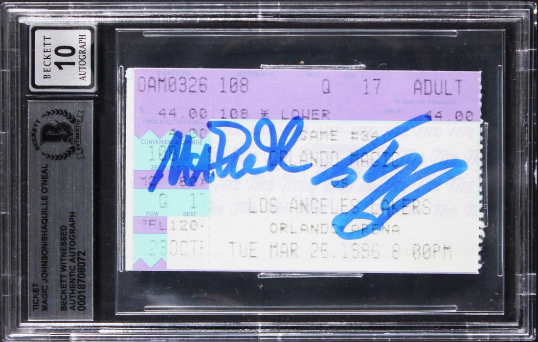 1996 Magic vs Lakers Ticket Stub Signed by Shaquille O'Neal and Magic Johnson BAS: 1996 Magic vs Lakers Ticket Stub Signed by Shaquille O'Neal and Magic Johnson BAS This is an original 1996 Magic vs. Lakers ticket stub personally signed by Shaquille O'Neal and Magic Johnson. The aut