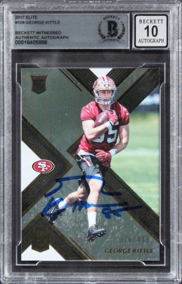 George Kittle 2017 Elite #109 Rookie Auto Card Beckett Authenticated: George Kittle 2017 Elite #109 Rookie Auto Card Beckett Authenticated Autographed 2017 Elite #109 rookie card featuring George Kittle of the San Francisco 49ers. The card is graded Gem Mint 10 and come