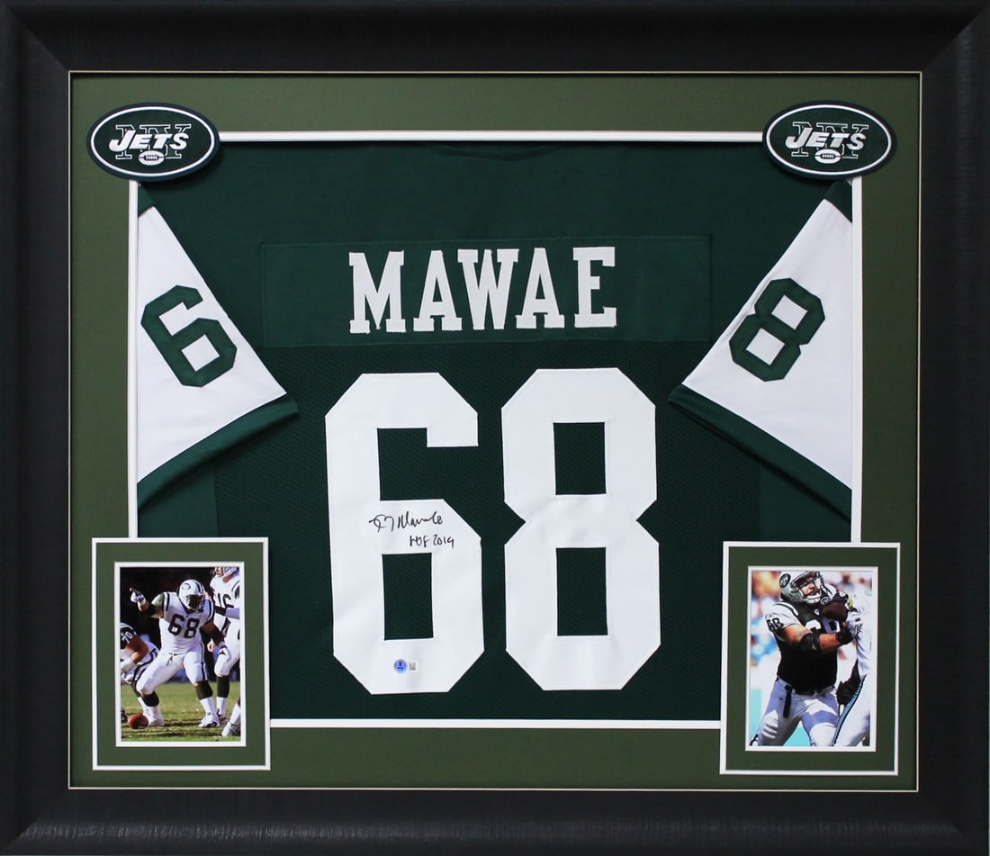 Kevin Mawae Signed HOF 19 Green Framed Jersey New York Jets BAS Witnessed: Kevin Mawae Signed HOF 19 Green Framed Jersey New York Jets BAS Witnessed Celebrate the legacy of Kevin Mawae with this authentic green pro style framed jersey, personally signed and inscribed with "H