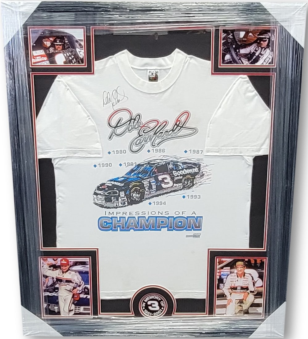 Dale Earnhardt Sr Hand Signed T-Shirt Custom Framed Global Authentics: Dale Earnhardt Sr Hand Signed T-Shirt Custom Framed Global Authentics This custom framed T-shirt features the autograph of racing legend Dale Earnhardt Sr. The piece showcases an authentic licensed T-