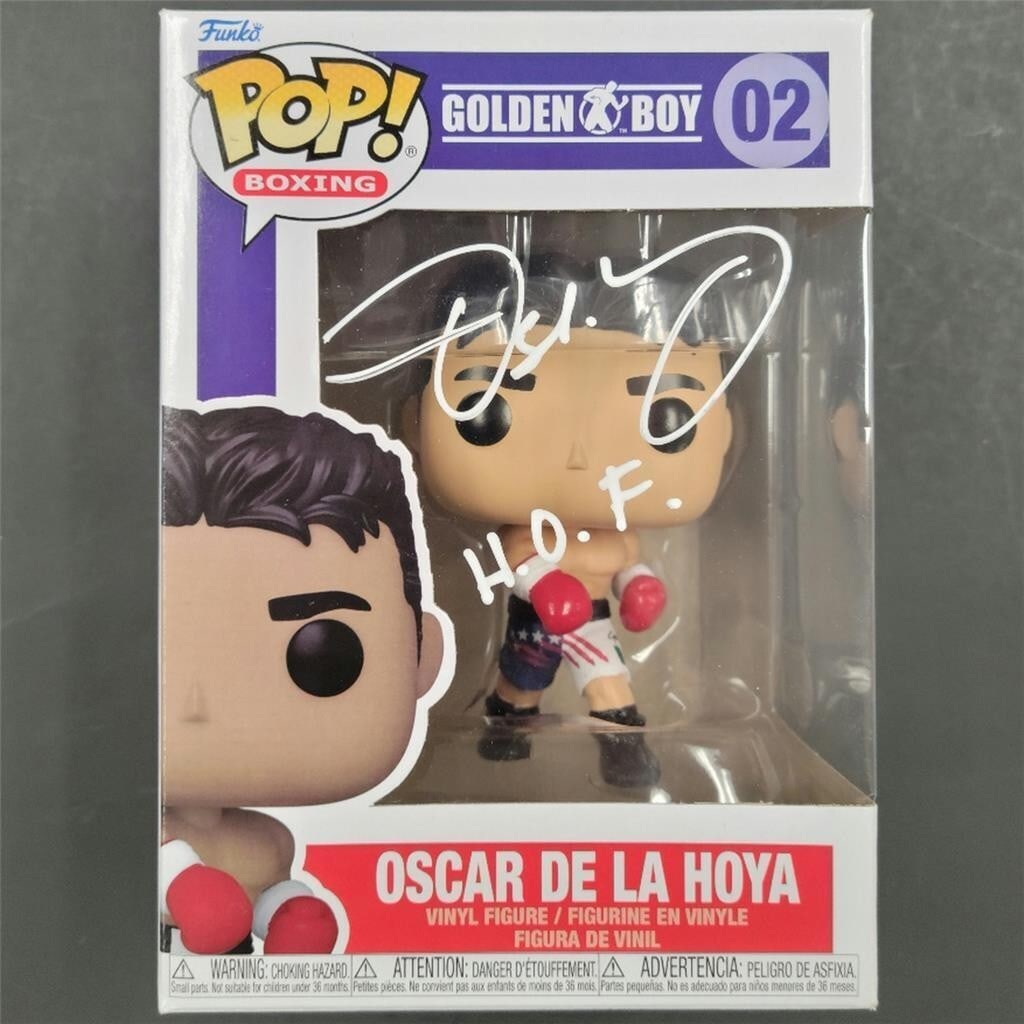 Signed Oscar De La Hoya Boxing Funko Pop BAS Holo: Signed Oscar De La Hoya Boxing Funko Pop BAS Holo This is a rare Funko Pop collectible signed by Oscar De La Hoya, featuring the "HOF" inscription. The autograph has been authenticated by Beckett Auth
