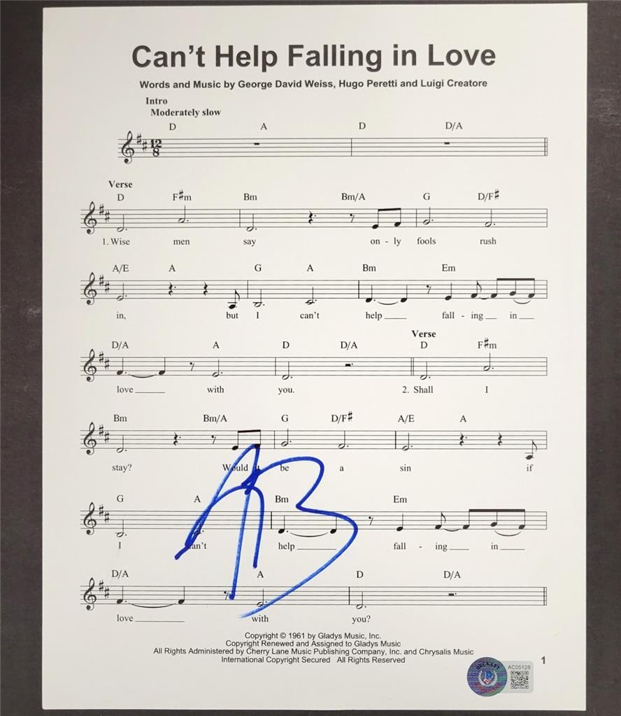 Elvis Movie Lyric Sheet Autographed by Austin Butler with Beckett Authentication: Elvis Movie Lyric Sheet Autographed by Austin Butler with Beckett Authentication This is an original 8.5x11 lyric sheet for the song "Can't Help Falling in Love" from the movie Elvis, personally signe