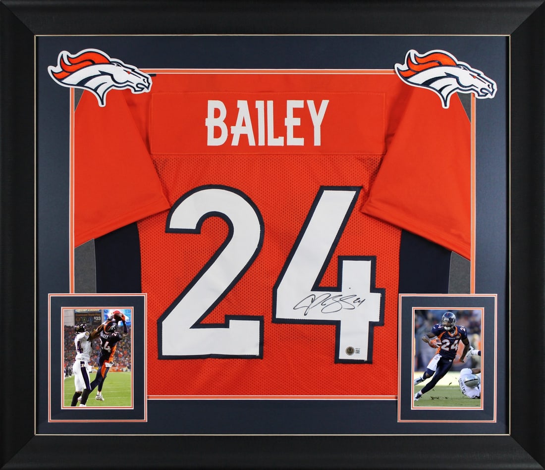 Framed Orange Pro Style Jersey Signed by Champ Bailey Beckett Authenticated: Framed Orange Pro Style Jersey Signed by Champ Bailey Beckett Authenticated This autographed orange pro style framed jersey has been personally signed by Champ Bailey of the Denver Broncos. It is an o