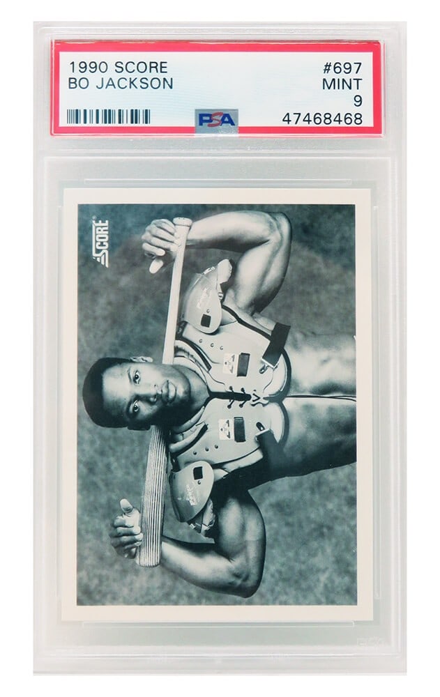 Bo Jackson 1990 Score Baseball Card #697 PSA 9 Mint Kansas City Royals: Bo Jackson 1990 Score Baseball Card #697 PSA 9 Mint Kansas City Royals This is a Bo Jackson 1990 Score Baseball trading card, numbered #697, featuring a striking black and white image of Bo Jackson wi