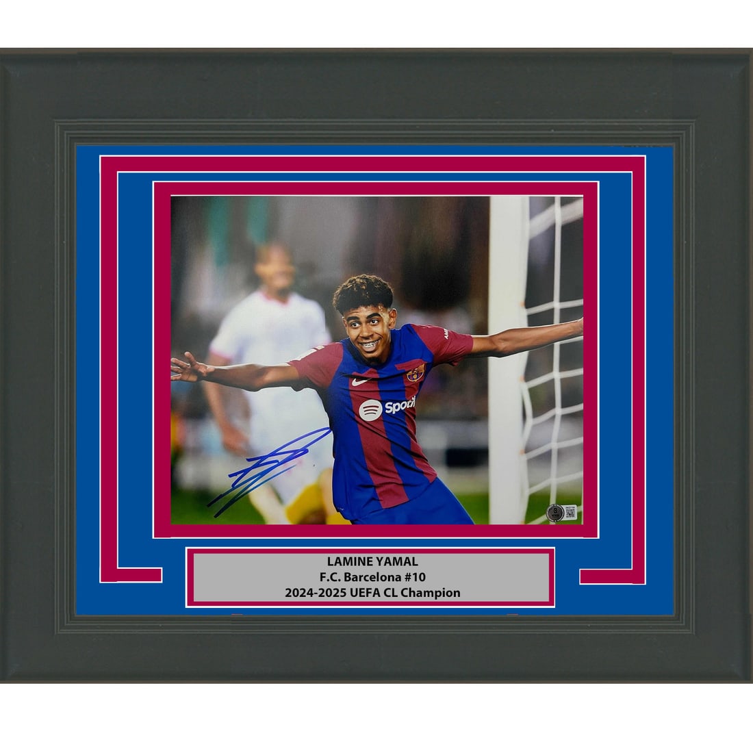 Lamine Yamal Signed 11x14 FC Barcelona Framed Photo Beckett Authenticated: Lamine Yamal Signed 11x14 FC Barcelona Framed Photo Beckett Authenticated This professionally framed and matted 11x14 photo features the autograph of Lamine Yamal from FC Barcelona. The signature has 