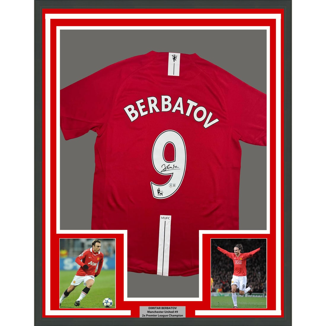 Dimitar Berbatov Signed Manchester United Jersey in 35x39 Frame Beckett COA: Dimitar Berbatov Signed Manchester United Jersey in 35x39 Frame Beckett COA This professionally framed and matted display features a Manchester United jersey autographed by Dimitar Berbatov. The piece