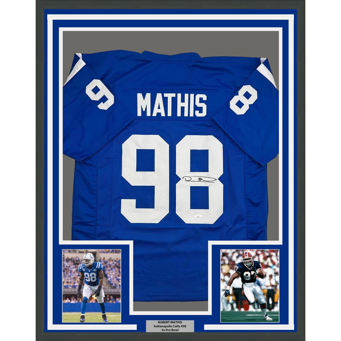 Indianapolis Colts Robert Mathis Signed Blue Jersey 35x39 Framed JSA Authenticated: Indianapolis Colts Robert Mathis Signed Blue Jersey 35x39 Framed JSA Authenticated This professionally framed and matted Indianapolis Colts blue jersey features the authentic signature of Robert Mathi