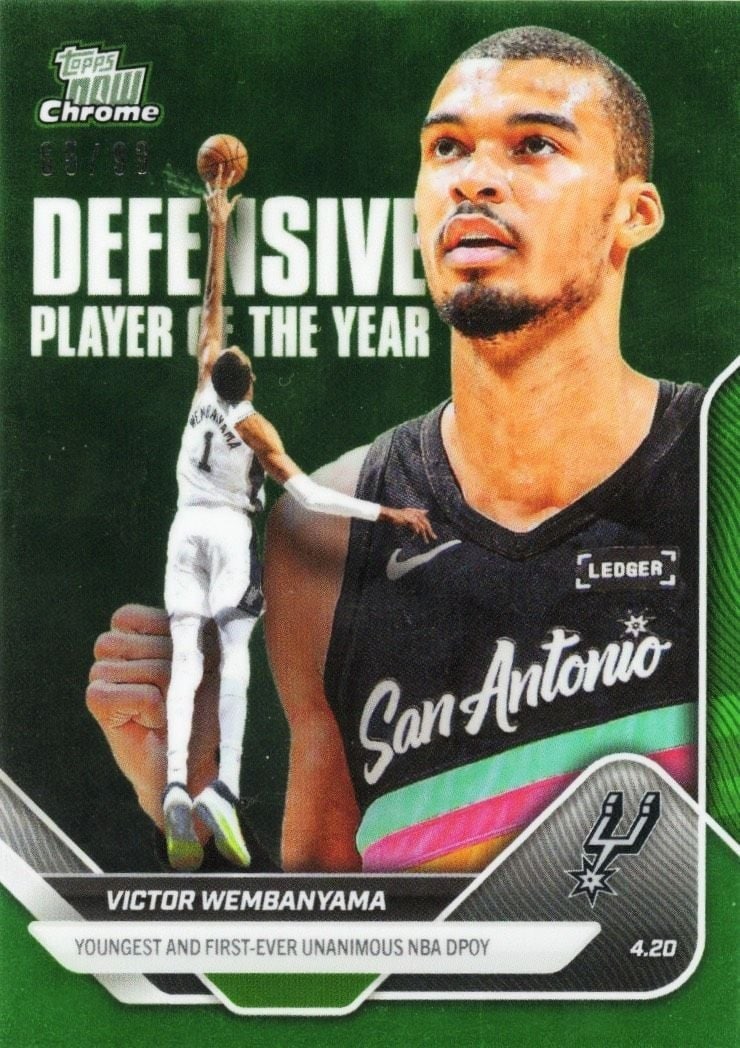 Victor Wembanyama Topps Now Green Chrome DPOY Card 2025 /99: Victor Wembanyama Topps Now Green Chrome DPOY Card 2025 /99 This is a 2025 Topps Now Victor Wembanyama DPOY Green Chrome basketball trading card, featuring the standout NBA player from the San Antonio