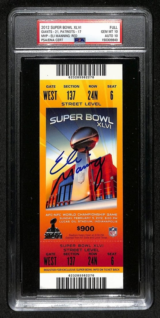 Eli Manning Autographed Super Bowl XLII Full Ticket PSA 10 Gem Mint: Eli Manning Autographed Super Bowl XLII Full Ticket PSA 10 Gem Mint This is an original full ticket from Super Bowl XLII (42), featuring the matchup between the New York Giants and the New England Pat