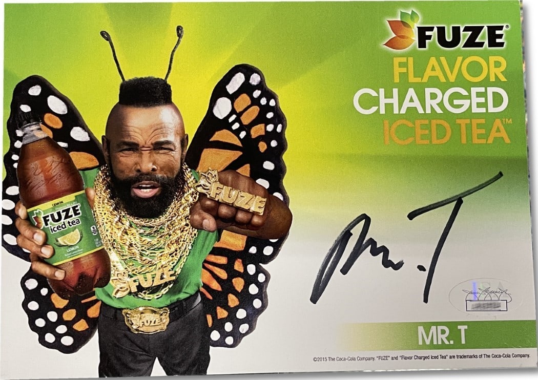 JSA authenticated Mr T autographed Fuze cut card 4x10: JSA authenticated Mr T autographed Fuze cut card 4x10 This is an original autographed Fuze Cut card featuring Mr. T, known for his roles in The A-Team and Rocky III, with the iconic phrase "I Pity the