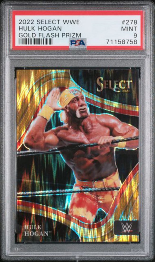 PSA 9 Panini Select WWE Hulk Hogan Gold Flash Prizm #278 Serial Numbered /10: PSA 9 Panini Select WWE Hulk Hogan Gold Flash Prizm #278 Serial Numbered /10 This is an original 2022 Panini Select WWE Gold Flash Prizm trading card featuring Hulk Hogan, numbered #278 and limited to