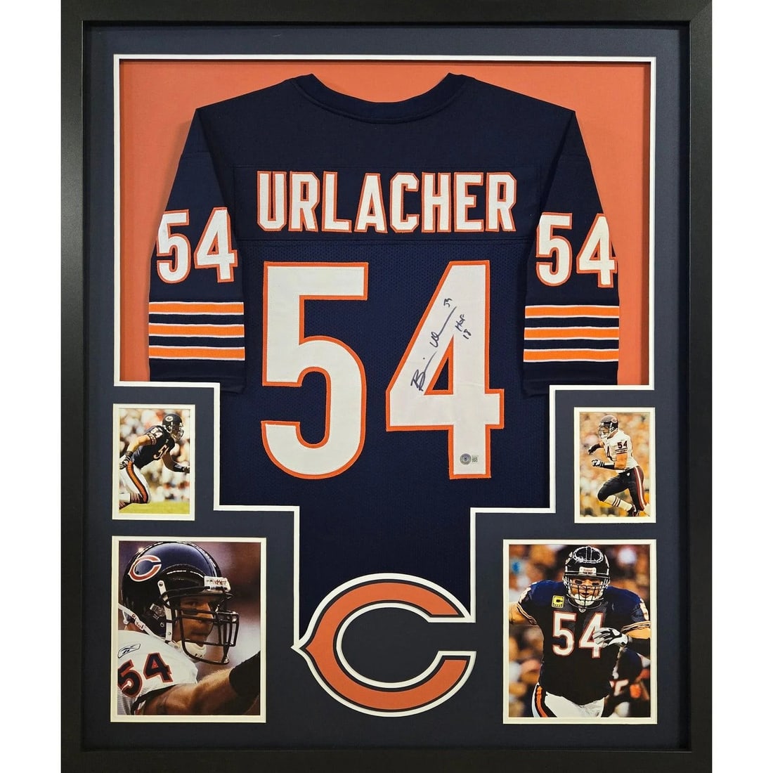 Framed Chicago Bears Jersey Signed by Brian Urlacher Beckett Authenticated: Framed Chicago Bears Jersey Signed by Brian Urlacher Beckett Authenticated This framed jersey features the authentic signature of Brian Urlacher, former Chicago Bears player. The autograph has been au