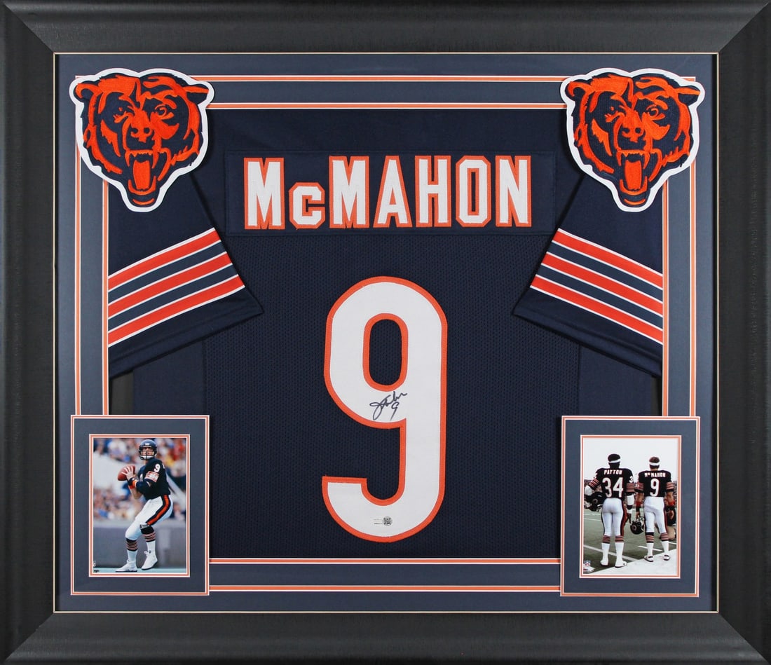 Framed Navy Pro Style Jersey Signed by Jim McMahon JSA Witness: Framed Navy Pro Style Jersey Signed by Jim McMahon JSA Witness This is an original autographed navy pro style framed jersey personally signed by Jim McMahon of the Chicago Bears. It includes JSA authe