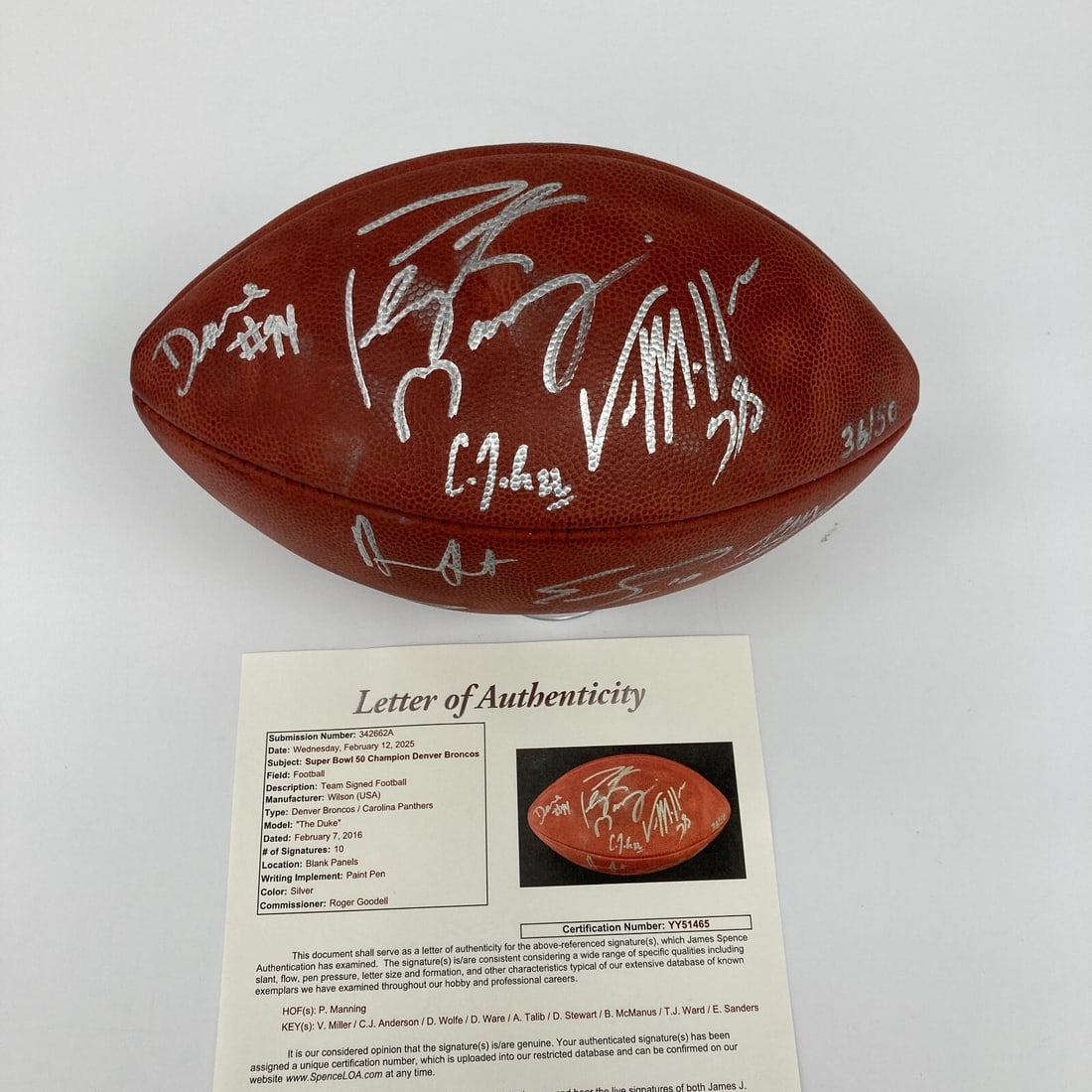 2015 Denver Broncos Super Bowl 50 Signed Football JSA COA Peyton Manning Von Miller 36/50: 2015 Denver Broncos Super Bowl 50 Signed Football JSA COA Peyton Manning Von Miller 36/50 This official Wilson Super Bowl 50 logo football commemorates the Denver Broncos' championship victory and fea