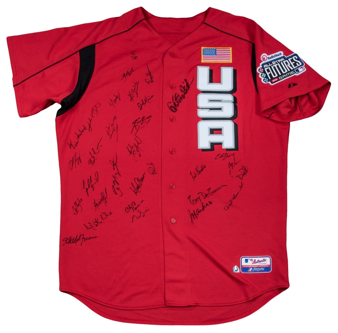 2003 Team USA Futures Game signed baseball jersey 30 autographs JSA MLB: 2003 Team USA Futures Game signed baseball jersey 30 autographs JSA MLB This is an original Team USA 2003 All-Star Futures Game jersey, signed by 30 members of Team USA. The red button-down jersey fea