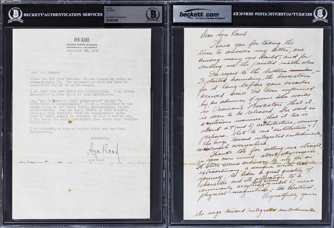 Ayn Rand Signed Typed Letter Nov 29 1946 Beckett Authenticated: Ayn Rand Signed Typed Letter Nov 29 1946 Beckett Authenticated This authentic typed letter, measuring 7.25x10 inches, is a personal correspondence from renowned author Ayn Rand, dated November 29, 194