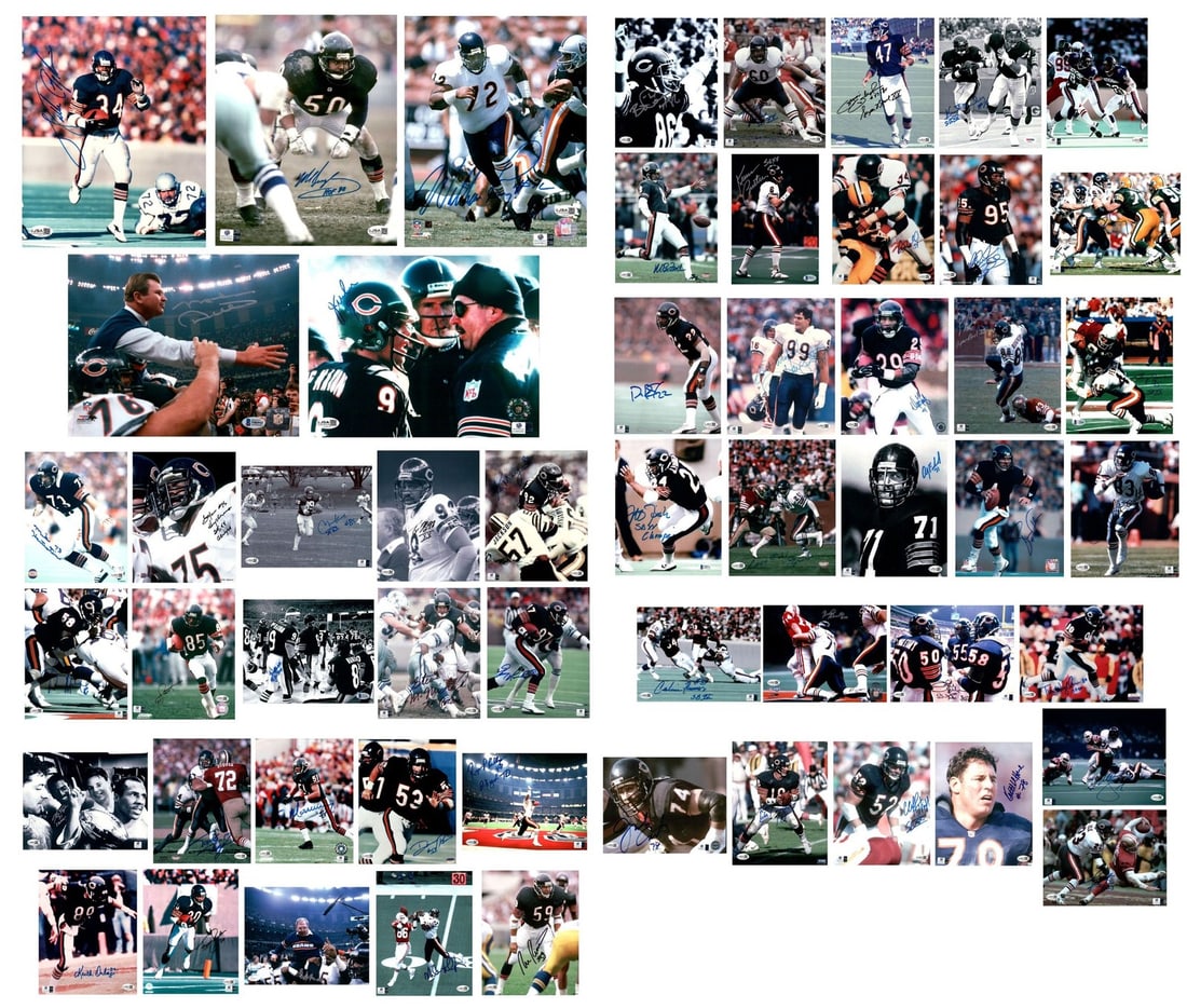 Chicago Bears 1986 Team Signed 8x10 Photo Collection 55 Autographs JSA Authenticated: Chicago Bears 1986 Team Signed 8x10 Photo Collection 55 Autographs JSA Authenticated This collection features 55 original 8x10 autographed photos from the 1986 Chicago Bears roster, including star pla