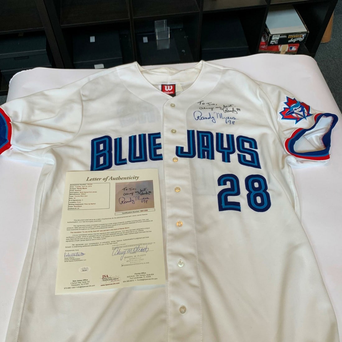 Randy Myers 1998 Toronto Blue Jays Signed Game Used Jersey JSA COA: Randy Myers 1998 Toronto Blue Jays Signed Game Used Jersey JSA COA This rare 1998 Toronto Blue Jays game-used jersey is signed by Randy Myers, a prominent player from the team. The authenticity of the