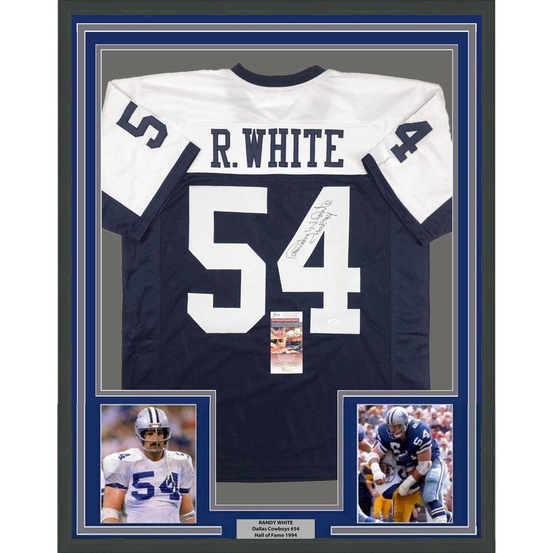 Framed Autographed Randy White HOF 94 Thanksgiving Jersey JSA COA: Framed Autographed Randy White HOF 94 Thanksgiving Jersey JSA COA Celebrate the legacy of Randy White with this stunning framed and matted jersey commemorating his Hall of Fame career. This authentic 