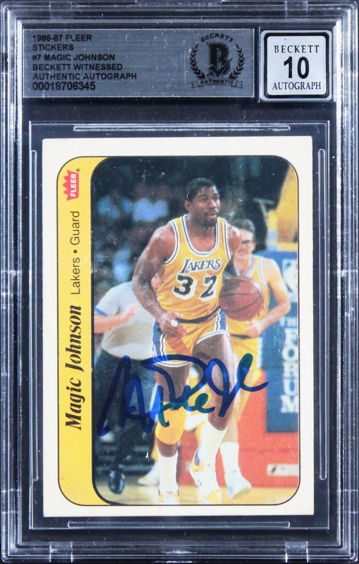 Magic Johnson Signed 1986 Fleer Sticker Card #7 Beckett Gem Mint 10 Auto: Magic Johnson Signed 1986 Fleer Sticker Card #7 Beckett Gem Mint 10 Auto This 1986 Fleer Stickers #7 basketball card features Magic Johnson of the Los Angeles Lakers and has been personally signed by 