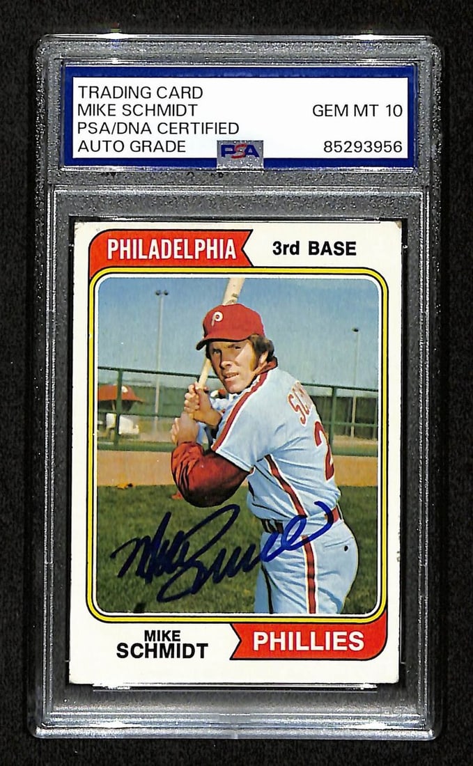 Mike Schmidt Autographed 1974 Topps 283 Phillies Card PSA DNA GEM MINT 10: Mike Schmidt Autographed 1974 Topps 283 Phillies Card PSA DNA GEM MINT 10 This is an original 1974 Topps #283 baseball card featuring Mike Schmidt of the Philadelphia Phillies. The card has been boldl